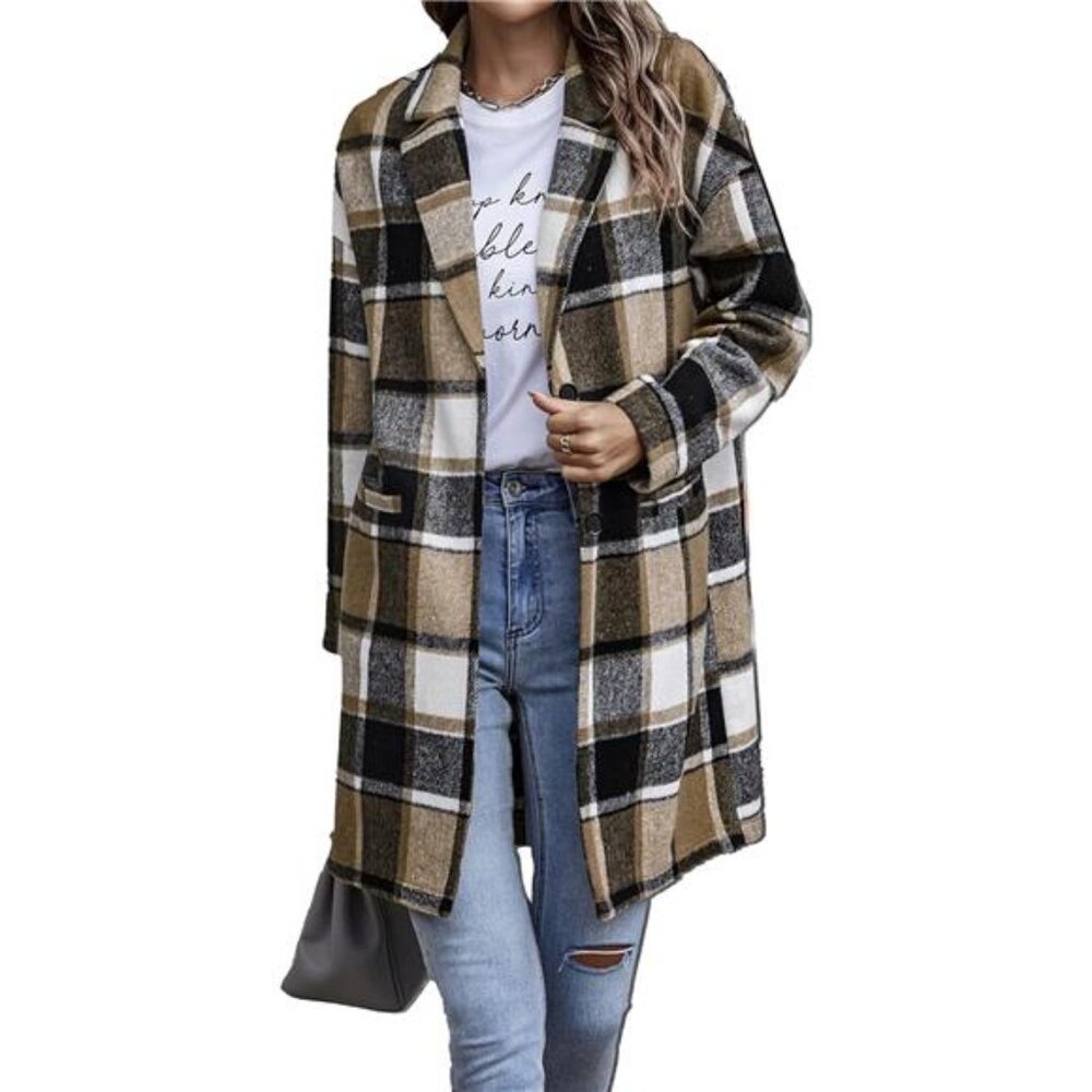 Women's 2024 Plaid Shacket Jacket Casual Button Wool Blend Winter Trench Coat